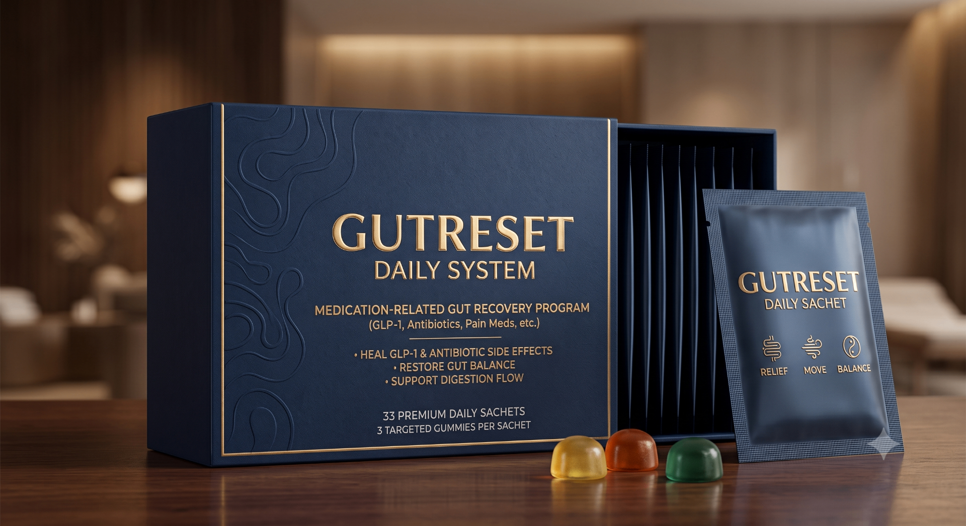 GutReset Daily System — navy glass apothecary jar with aged gold sachets