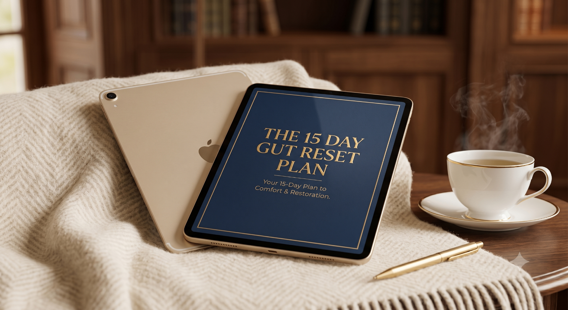 The 15 Day Gut Reset Plan — displayed on an iPad beside a gold-rimmed teacup